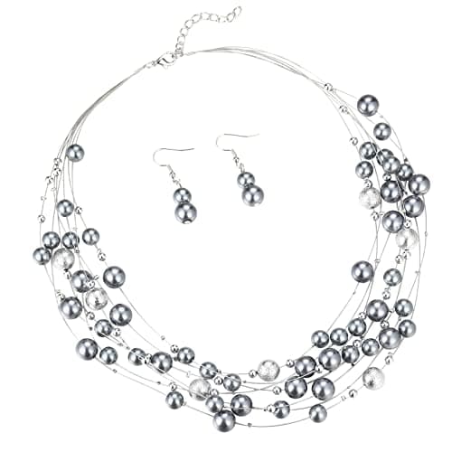 Image of FULU AUTUMN Layered Pearl Necklace Beaded Silver Choker Handmade Boho Statement Costume Necklaces Fashion Jewellery Gifts for Women(37-Grey)