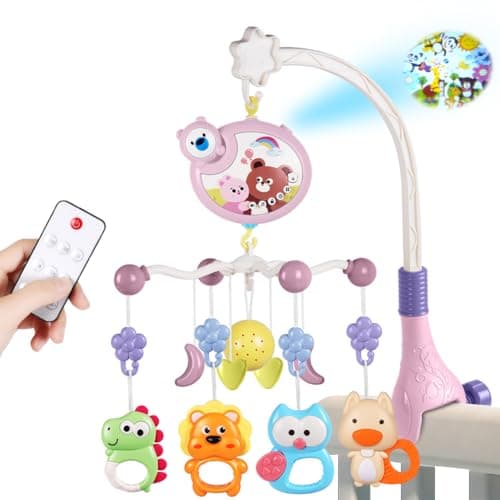 Image of Aolso Baby Crib Mobile with Music, Lights, Projector and Remote Control - Cot Mobile Toy for Boys & Girls (Pink)