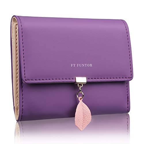 Image of FT FUNTOR PU Leather Wallet for Women RFID-Blocking, Ladies Bifold Leaf Pendant Coin Zipper Small Purse with 5 Card Slots and 1 ID Window Card Holder Organizer (S-Deep Purple)