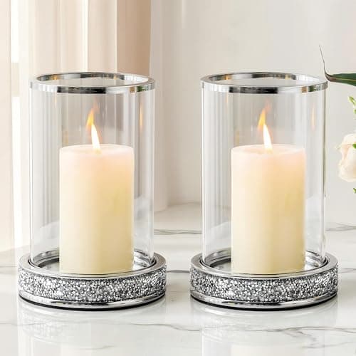 Image of Pillar Candle Holder with Tempered Glass Panels, Hurricane Candle Stand for centerpiece, crystal decoration for table, wedding, fireplace, party (Silver, Medium-2pcs)