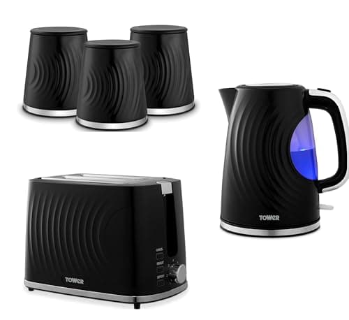 Image of Tower Sonar Black 1.7L 3KW Kettle, 2 Slice Toaster and Tea, Coffee, Sugar Canisters. Stylish Matching Kitchen Set of 5 in Black, Embossed with a Beautiful Ripple Design