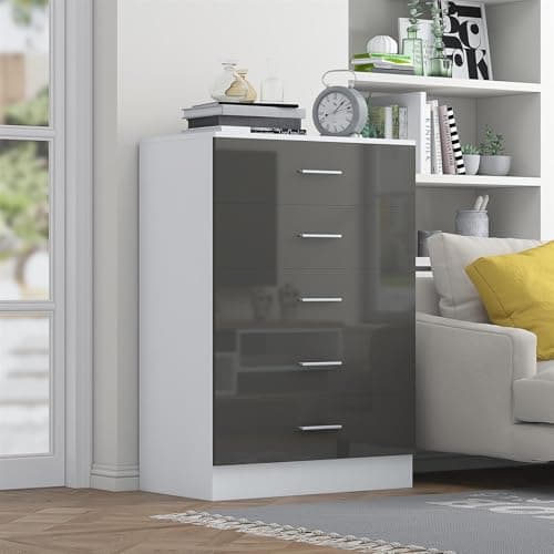 Image of Reflect Tallboy 5 Drawer Chest | Grey Gloss & Matt White | Modern Vertical Bedroom Storage Unit | H: 100cm x W: 70cm x D: 40cm
