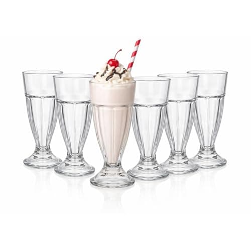 Image of UNIQUE HOME LIVING Ice Cream Sundae Glasses Set of 6, Tall 300ml Knickerbocker Glory Dessert Cups, Milkshakes Soda Fountain Glass Dessert Glasses with Footed Base, Ice Cream Bowls Glassware, 10oz