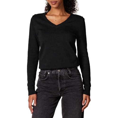 Image of Amazon Essentials Women's Lightweight Long Sleeve V-Neck Cotton Jumper, Black, XL