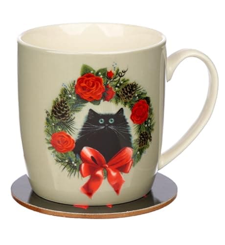 Image of Puckator Kim Haskins Christmas Wreath Cat Porcelain Tea Coffee Mug & Coaster Set Funny Home Accessories Cute Gifts for Girlfriend Large Mugs Men Women Hot Drinks Cups Presents Secret Santa Gift