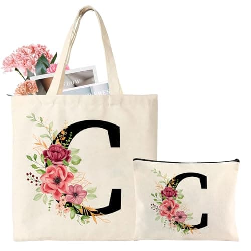 Image of Personalized Initial Cotton Tote Bag, Canvas Reusable Shopping Bags with Makeup Bags, Gifts for Women, Mom, Teachers, Nurses, Best Friends, Bridesmaids, Monogrammed Gifts for Wedding, Birthday(C)