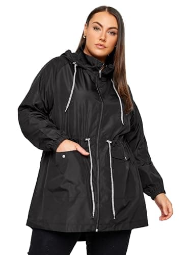 Image of Yours Curve Drawstring Lightweight Breathable Shower Resistant Hooded Parka Jacket - Women's - Plus Size Black 34-36
