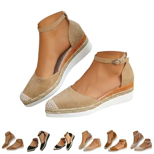 Image of DFSDJEUW ladies footwear clearance.sale Womens Sandals Wide Fit Closed Toe Mid Heel Espadrille Wedge Sandals Ankle Strap Hessian Memory Foam Slingback Sliders womens espadrilles wedges Beige 5.5