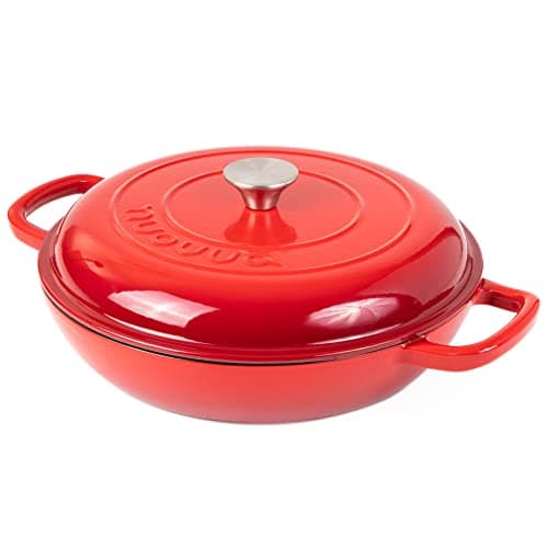 Image of Shallow Cast Iron Casserole with Lid – Non Stick Dutch Oven Pot, Oven Safe up to 500° F – Sturdy Ovenproof Stockpot Cookware – Enamelled Cooking Pot – Red, 3.7-Quart, 30cm – by Nuovva