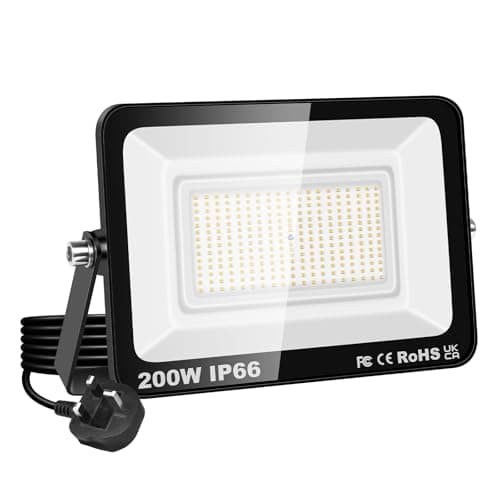 Image of RIGIDON Led Outdoor Floodlight, 1x 200W 20000LM Flood Lights with Plug, Mains Powered Security Lighting, Outside for Garage Garden Yard Patio, Waterproof Workshop Job Site Work Lamp, 3000K Warm White