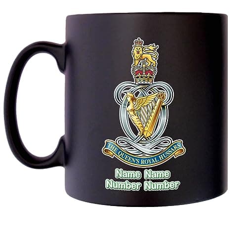 Image of The Queen’s Royal Hussars Mug with Personalise Option Image of Military Emblem Flag Crest Insignia MOD Official Product Coffee Tea 10oz Black Satin Klassek Gift Present