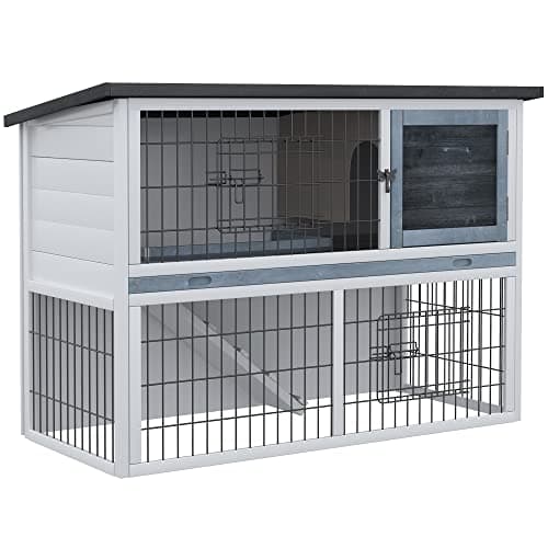 Image of PawHut 2-Tier Wooden Rabbit Hutch Guinea Pig House Bunny Cage Backyard w/Openable Roof Small Animal House for Outdoor Grey, 108 x 45 x 78 cm