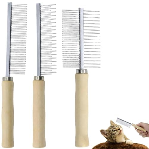Image of 3 Pcs Detangling Comb for Cats Dogs, Detangler Grooming Tool, Stainless Steel Pet Grooming Comb, Circular Teeth Modified Combs, for Long Short Haired Pets, Wood Color