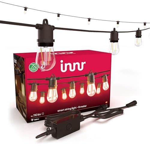 Image of Innr Smart LED Festoon Lights Outdoor, 8m, Zigbee, Work with Hue* and Alexa (Bridge Required), Warm White, Garden String Lights, 16 Smart Light Bulbs, IP65 Waterproof, Dimmable, Complete Set