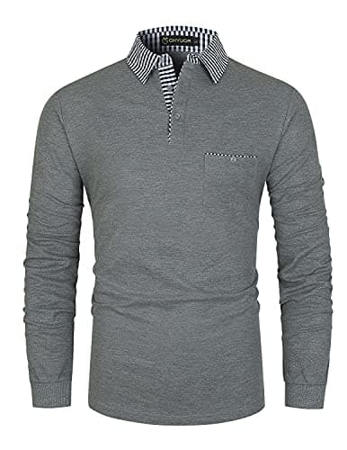 Image of GHYUGR Men's Polo Shirt Long Sleeve Contrasting Plaid Splice Golf Tennis T-Shirt,Grey,L