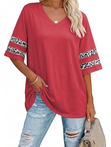Image of Famulily Summer V Neck Oversized T-Shirt with Leopard Printed Short Sleeve for Women Ladies Plus Size Tunic T Shirt (XL, Red)