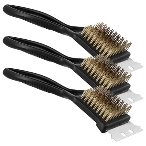 Image of QWORK® 3 Pack BBQ Cleaner Brush with Brass Wire Bristles and Metal Scraper - Barbecue Cleaner Grill Brush for Effective Cleaning