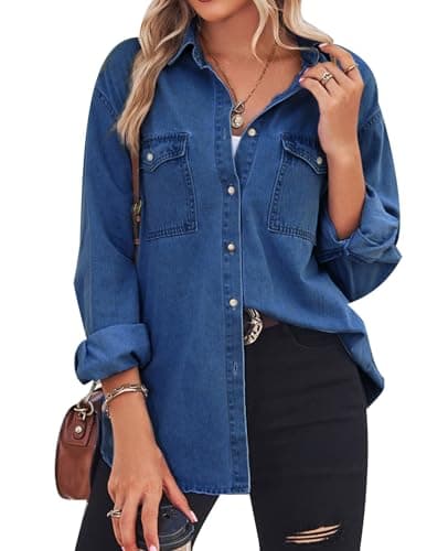 Image of MINTLIMIT Womens Denim Shirt Long Sleeve Button Down Shirt Casual Lightweight Jean Shirt Jacket Vintage Denim Blouses Tops with Pockets, Navy Blue