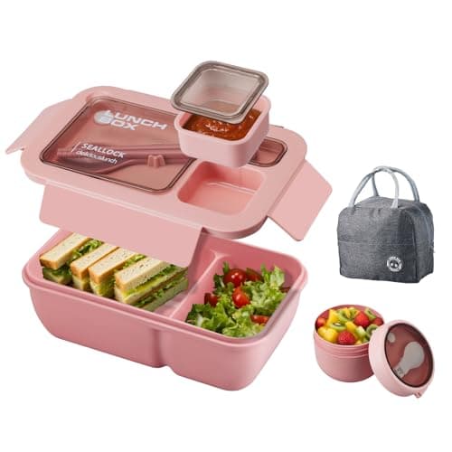 Image of Nymblis Lunch Box Adults, Bento Box Set with Insulated Lunch Bag, Oats Container, Sauce Box, Cutlery, Leakproof Lunchbox with Compartments, Food Storage Containers for School, Office, Picnic (Pink)