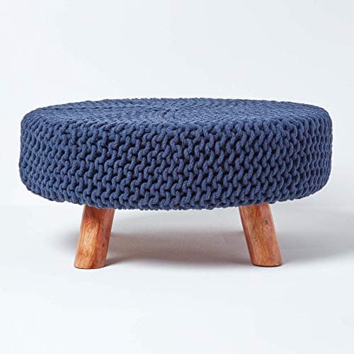 Image of HOMESCAPES Navy Blue Knitted Pouffe Footstool Occasional Seat 100% Cotton for Living Room Children or the Elderly