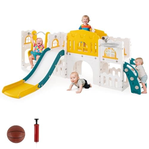 Image of COSTWAY Toddler Swing and Slide Set, 10 in 1 Kids Slide with Climber Ladder, Basketball Hoop, Telescope, Tunnel, Storage Space, Indoor Outdoor Playground for 1+ Years Old (Green + Yellow)