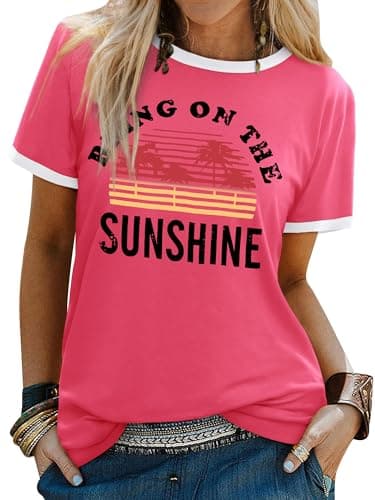 Image of Dresswel Women Bring On The Sunshine T-Shirt Rainbow Graphic Print Short Sleeve Crew Neck Tee Tops Ladies Summer Shirts(2-Peach Pink,M)