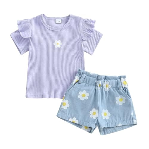 Image of XIXIMAON Toddler Baby Girl Summer Outfits Ruffle Short Sleeve Floral Print Ribbed Shirts Denim Shorts Set for Little Girls Kid Flower Pattern Clothes (Purple, 2-3T)