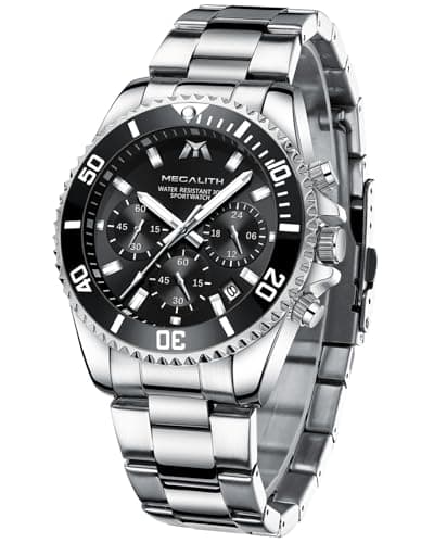 Image of MEGALITH Mens Watches Chronograph Silver: Stainless Steel Quartz Wrist Watch Stylish - Waterproof Date Watches for Men
