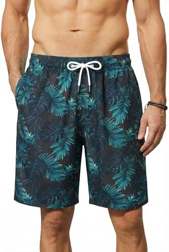 Image of Enlision Swimming Shorts Men Summer Beach Shorts Mens Quick Dry Casual Holiday Swim Trunks Surf Boardshorts Black Leaf Hawaiian Tropical Printed Short Pants with Mesh Lining L