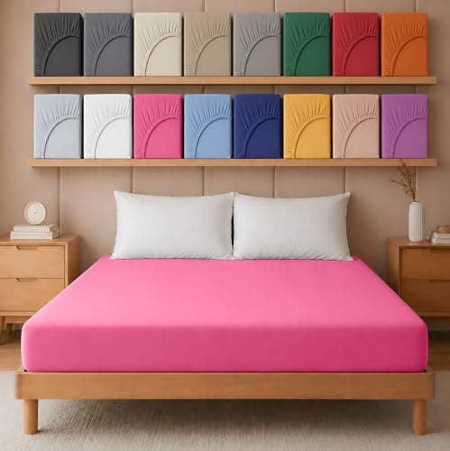 Image of Hafaa Single Fitted Sheet – Easy Care 25 cm Deep Brushed Microfibre Elastic Pink Fitted Bed Sheets- Shrinkage and Fade Resistant (91 x 191 cm)