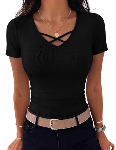 Image of Aottori Summer Tops for Womens Short Sleeve V Neck T Shirt Ladies Ribbed Knit Basics Stretchy Shirts Plain Slim Fitted Sexy Blouse Casual UK Thin Tee Black S