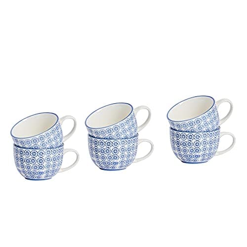 Image of Nicola Spring Cappuccino Cups Set - 250ml - Pack of 6 - Navy Hand Printed Tea Cup Coffee Cappuccino Mugs Latte Drinking Mug Tea Saucer Plates for Breakfast, Lunch, Brunch