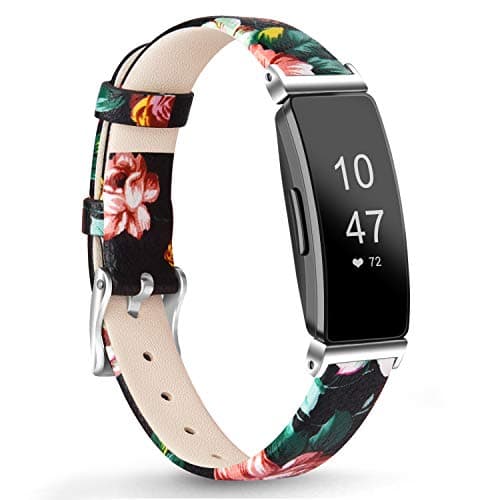 Image of Vancle Replacement Strap for Fitbit Inspire HR, Genuine Leather Band Compatible with Fitbit Inspire/HR, Women Men (Red Flower)