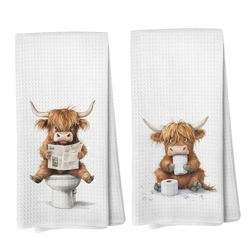Image of LUMIREX 2 PCS Highland Cow Tea Towel, Bathroom Hand Towels, Hand Towels for Bathroom, Absorbent Kitchen, Bath Towel Set for Farmhouse Decor