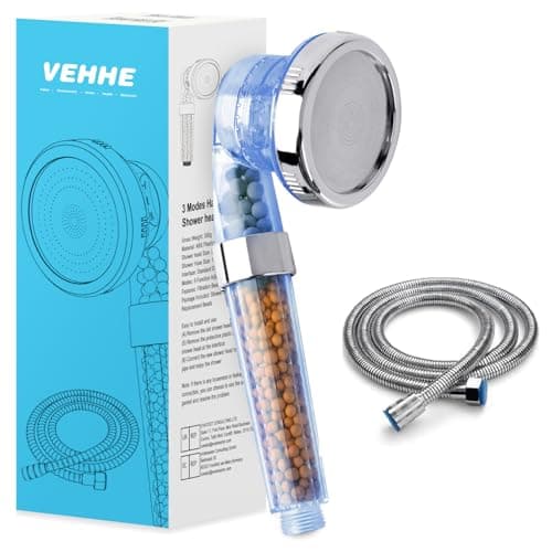 Image of VEHHE Shower Head High Pressure, Power Filter Ionic Shower Head with Beads, 3 Shower Modes Water Saving Bathing for Adults Children Pets Home and Gym Use (Blue)