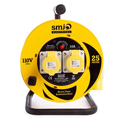 Image of SMJ 110V Light Industrial Extension Cable Open Drum Reel - Thermal Cut Out - 25m 16A 2 Way Gang Sockets 1.5mm IP44 Splash Proof Steel Frame Handle