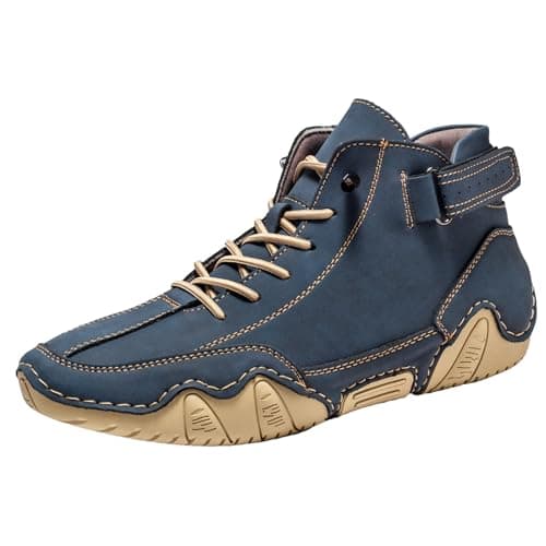Image of Mens Leather High Top Casual Boots Lace Up Adjustable Strap Walking Shoes Non Slip Outdoor Trainers with Arch Support Wide Fit for Hiking Training Outdoor Footwear(Blue, 5.5)