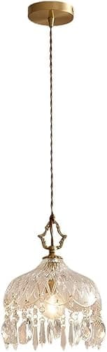 Image of SKYGOO French Brass Vintage Crystal Glass Pendant Light,Adjustable Hanging Single Head Clearn Glass Lampshade Pendant Lamp, E 12 Kitchen Island Hallway Bedroom Farmhouse Hanging Lamp