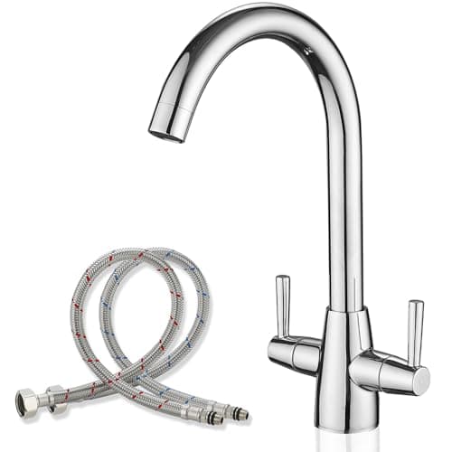 Image of Kitchen Tap Mixer for Kitchen Sink Monobloc Tap Dual Lever 360 Swivel Chrome Kitchen Sink Taps UK Standard 1 Hole Deck Mount with 20 Inch Flexi Tails