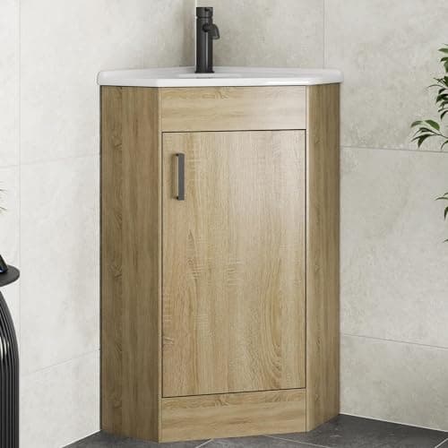 Image of Affine® 585mm Corner Vanity Unit Basin Sink Bathroom Storage Cabinet Cupboard Freestanding, Single Tap Hole Ceramic Wash Basins, Soft Close Door, Oak Wood Effect
