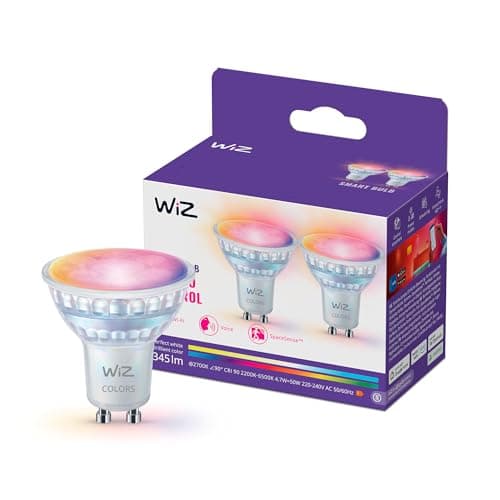 Image of WiZ Smart LED Glass GU10Spotlight, Full Color and Tunable White, 50W Equivalent, 2200-6500K, 345 Lumens, Dimmable, Works with Alexa, Google Assistant, and Apple Home, 2 Pack