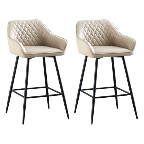 Image of AINPECCA Bar stools Set of 2 Beige Faux Leather Upholstered Seat with Backrest & Armrest Black Metal Legs Breakfast Counter Kitchen Chairs