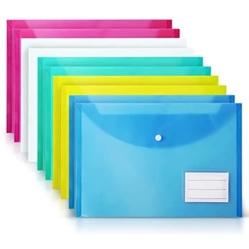 Image of DocFeedz Plastic Wallets A4-10 Pack Waterproof Plastic Folders for Documents 33.2 x 23.4 cm - 5 Assorted Colours Popper Wallet A4 with Snap Button and Label for Home, Office, School and Travel