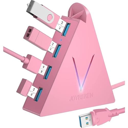 Image of JoyReken 4-Port USB 3.0 Hub, FlyingVHUB Vertical Data USB Hub with 2 ft Extended Cable, for Mac, PC, Xbox One, PS4, PS5, iMac, Surface Pro, XPS, Laptop, Desktop, Flash Drive, Mobile HDD (Pink)