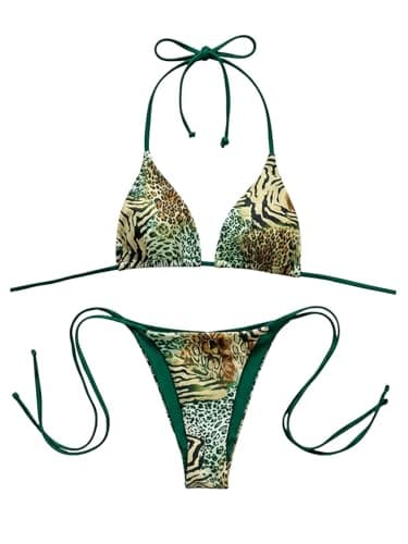 Image of GORGLITTER Women's Leopard Zebra Print Bikini Sets Triangle Thong Swimwear 2 Piece Halter String Swim Suits Green Medium