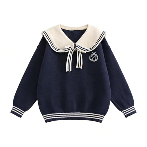 Image of Zanisouta Women's Japanese Knitted Jumper with Sailor Collar Blouse Harajuku Casual Shirt Y2K Streetwear Casual Long Sleeve Shirt Vintage Soft Crew Neck Tops, O Navy, One size