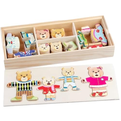 Image of Itian 72 Pieces Wooden Wooden Bear Family Dress-Up Puzzle Games With Storage Case Educational Toy for Children