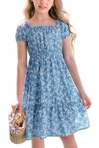 Image of Haloumoning Girls' Dresses Square Neck Floral Dress Dresses Summer Puff Sleeves A-line Midi Dress Kids Party Dress, Sea Blue, 5-6 Years
