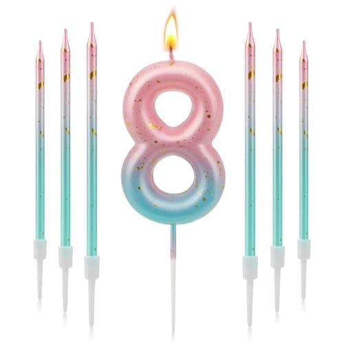 Image of TAIXING 7 Pcs Birthday Candles Pink Blue Gradient Number Candles for Cakes Gold Glitter Birthday Candles Numbers Number 8 Candle Birthday Cake Candles for Girls Birthday Party Wedding Anniversary