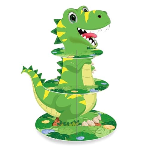 Image of MORAINJAY 3 Tier Dinosaur Cupcake Stand, Cardboard Cake Tower for Kids Birthday, Round Dinosaurs Theme Dessert Display Holder, Dinosaur Party Table Decoration, Boys Girls Party Decorations Supplies